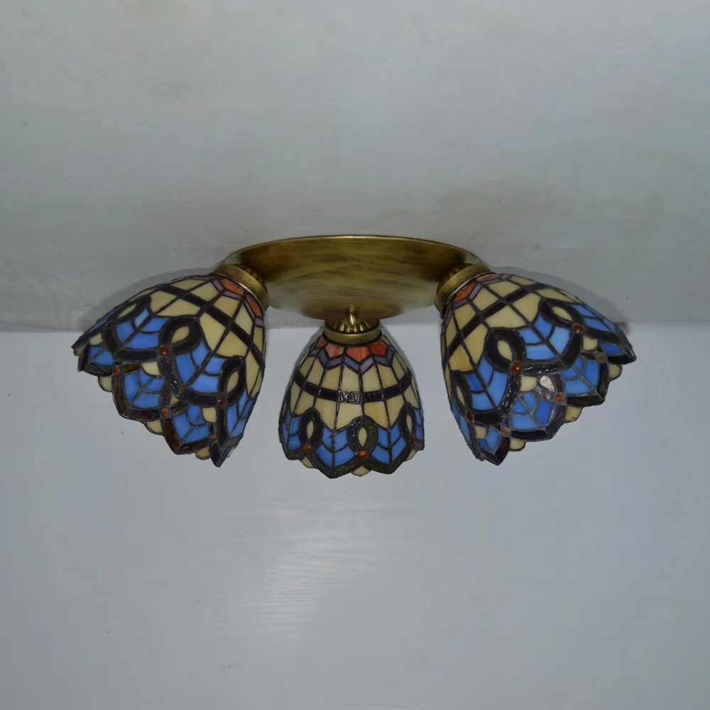 Dome Shade Plafondarmatuur met Victoriaans/ Mediterraan/Barok Patroon Vintage Gebrandschilderd Glas 3 Lichten Inbouw Plafo...