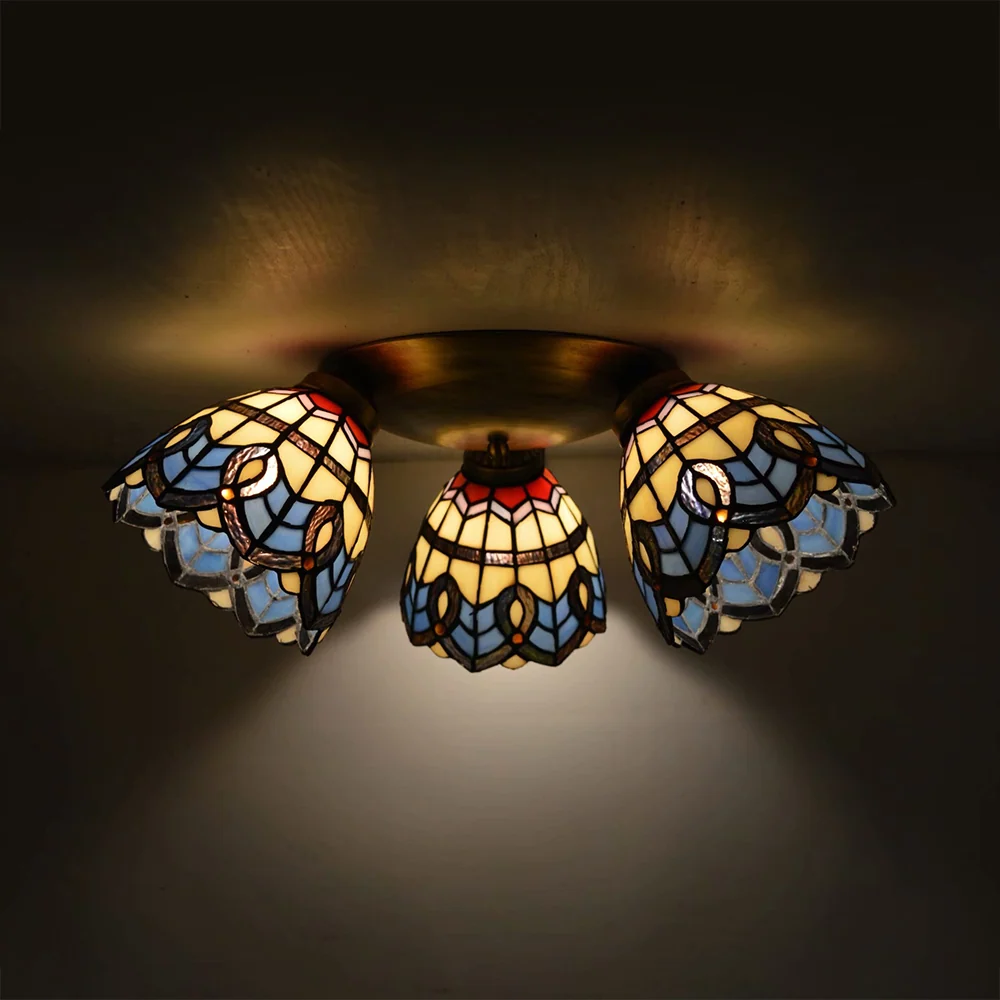 Dome Shade Plafondarmatuur met Victoriaans/ Mediterraan/Barok Patroon Vintage Gebrandschilderd Glas 3 Lichten Inbouw Plafo...