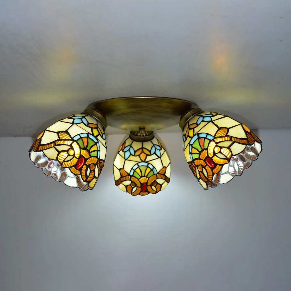 Dome Shade Plafondarmatuur met Victoriaans/ Mediterraan/Barok Patroon Vintage Gebrandschilderd Glas 3 Lichten Inbouw Plafo...