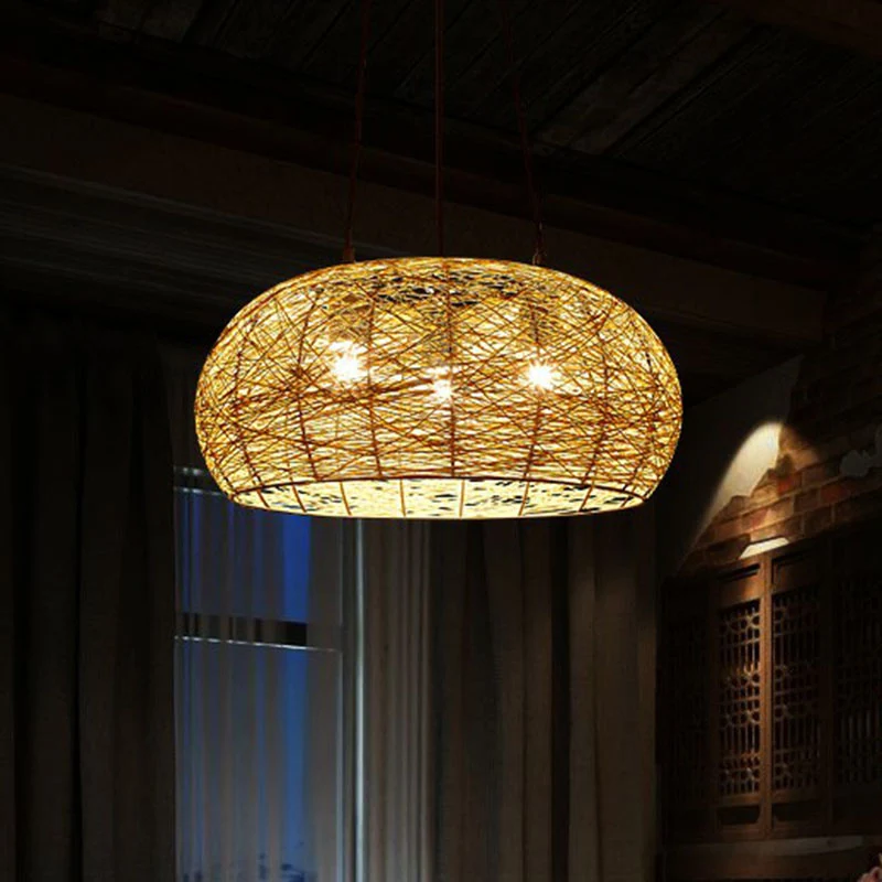 Dome Shade Restaurant Kroonluchter Licht Rotan 3 Hoofden Chinese Hanglamp Clearhalo