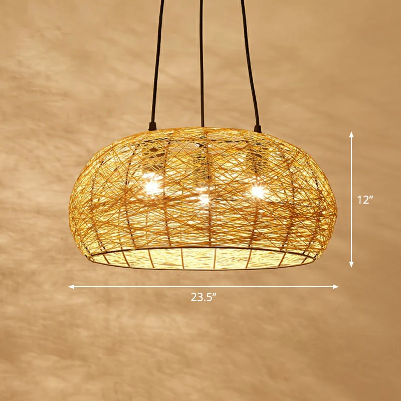 Dome Shade Restaurant Kroonluchter Licht Rotan 3 Hoofden Chinese Hanglamp Clearhalo