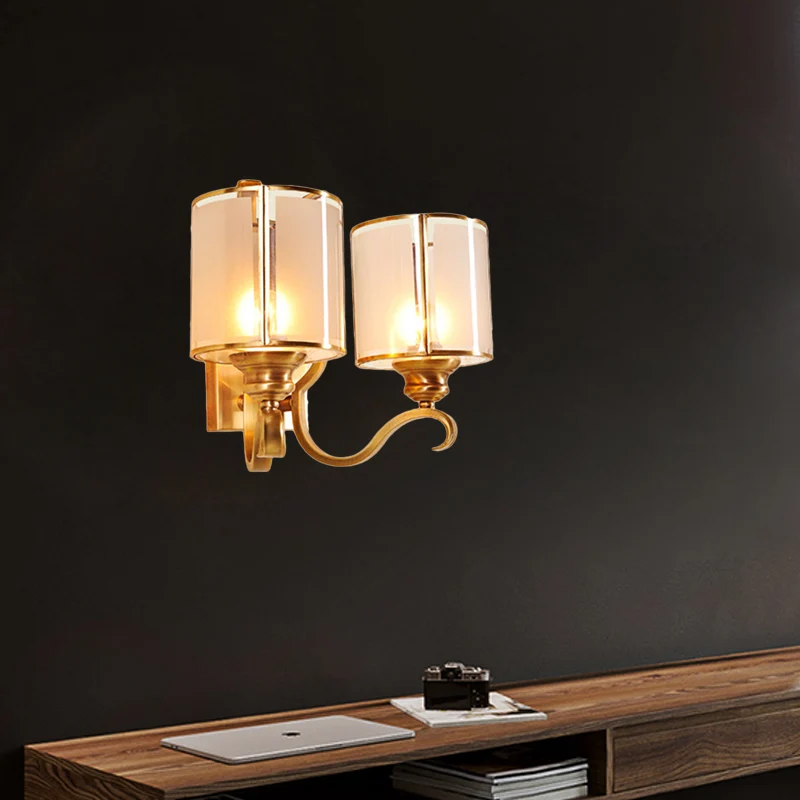 Doorschijnende glazen cilinder schansverlichting Vintage 1/2-lichte hoekwandlamp goud met gebogen arm Clearhalo