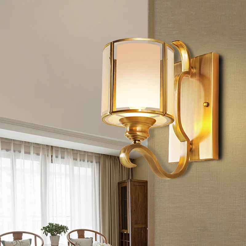 Doorschijnende glazen cilinder schansverlichting Vintage 1/2-lichte hoekwandlamp goud met gebogen arm Clearhalo