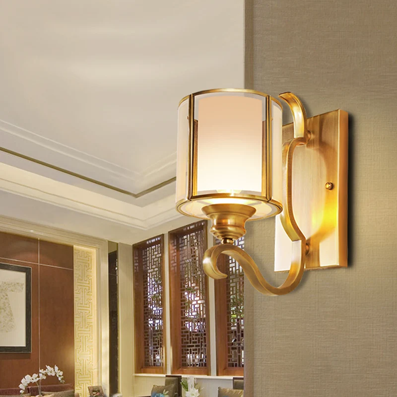 Doorschijnende glazen cilinder schansverlichting Vintage 1/2-lichte hoekwandlamp goud met gebogen arm Clearhalo