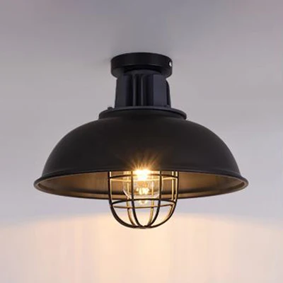 Draadkooi metalen plafondarmatuur Vintage stijlvol 1-lamps foyer semi-inbouwlamp met komschaduw zwart Clearhalo