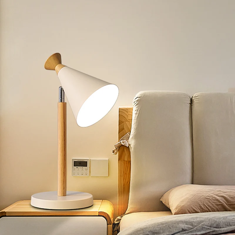 Draaibare trompetschaduw tafelverlichting Nordic Iron 1 kop wit nachtkastje met houten steel Clearhalo