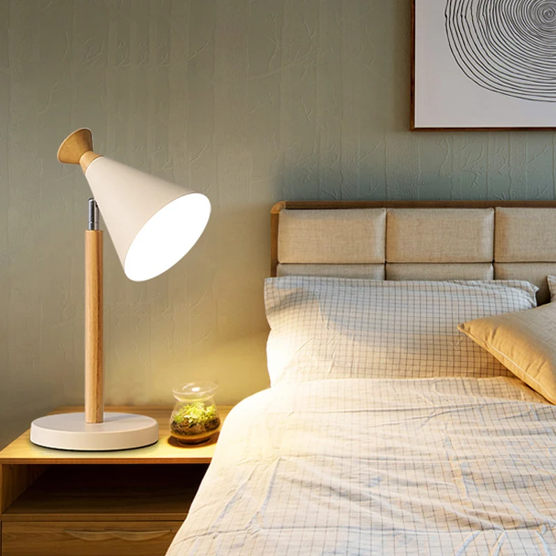 Draaibare trompetschaduw tafelverlichting Nordic Iron 1 kop wit nachtkastje met houten steel Clearhalo