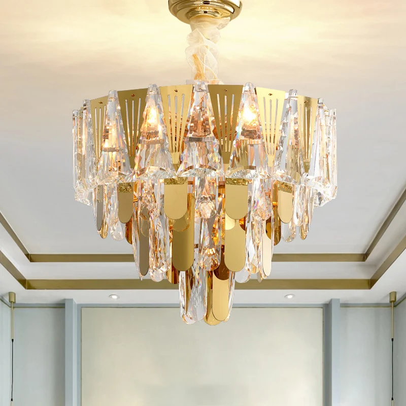 Driehoekskroonluchter Modernisme Metallic 7-lichts gouden hangende plafondlamp met kristallen ijspegel Clearhalo