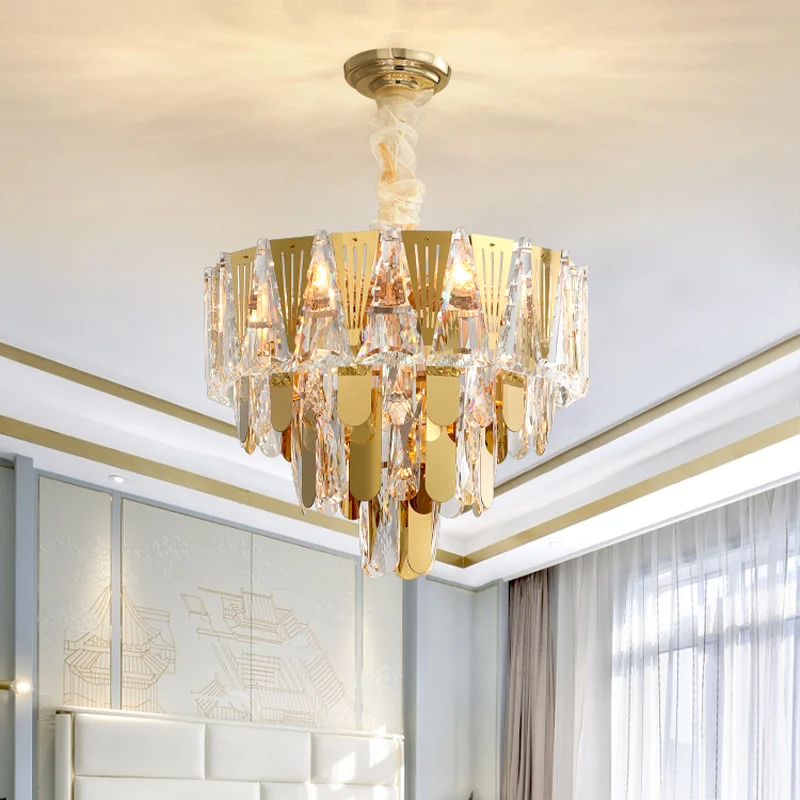Driehoekskroonluchter Modernisme Metallic 7-lichts gouden hangende plafondlamp met kristallen ijspegel Clearhalo