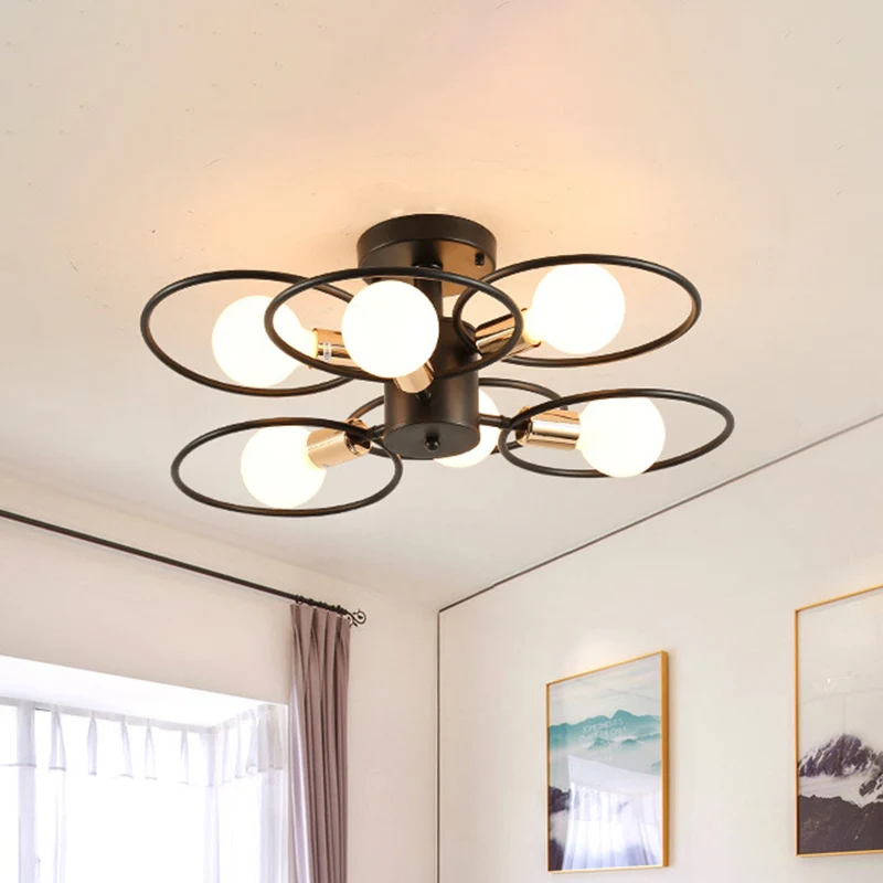 Drievoudige ringen metalen semi-gemonteerde verlichting industriële 3/6 lampen slaapkamer plafondlamp zwart Clearhalo