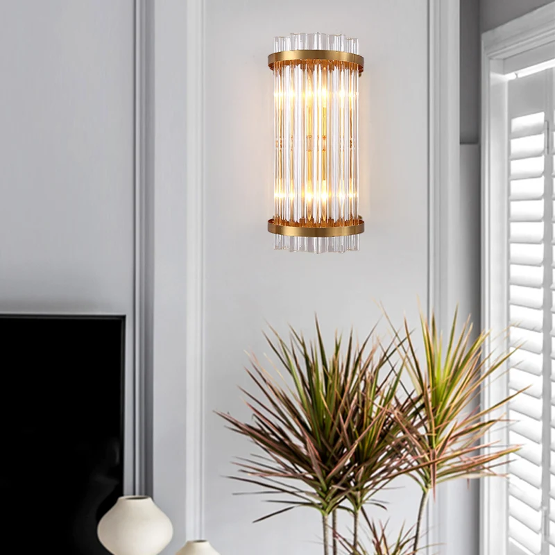 Driezijdige kristallen staafcilinder wandmontagelamp Modern 2-kops zwart/gouden schanslamp Clearhalo