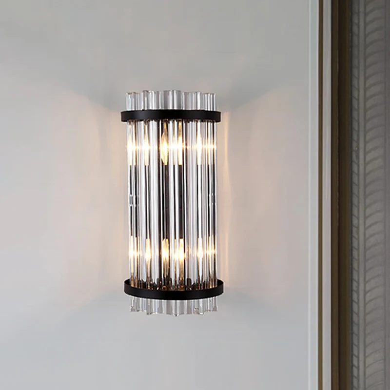 Driezijdige kristallen staafcilinder wandmontagelamp Modern 2-kops zwart/gouden schanslamp Clearhalo