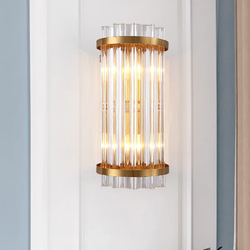 Driezijdige kristallen staafcilinder wandmontagelamp Modern 2-kops zwart/gouden schanslamp Clearhalo