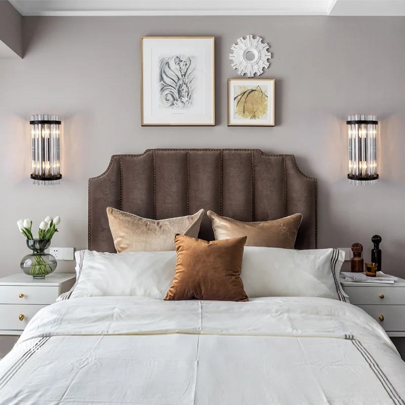 Driezijdige kristallen staafcilinder wandmontagelamp Modern 2-kops zwart/gouden schanslamp Clearhalo