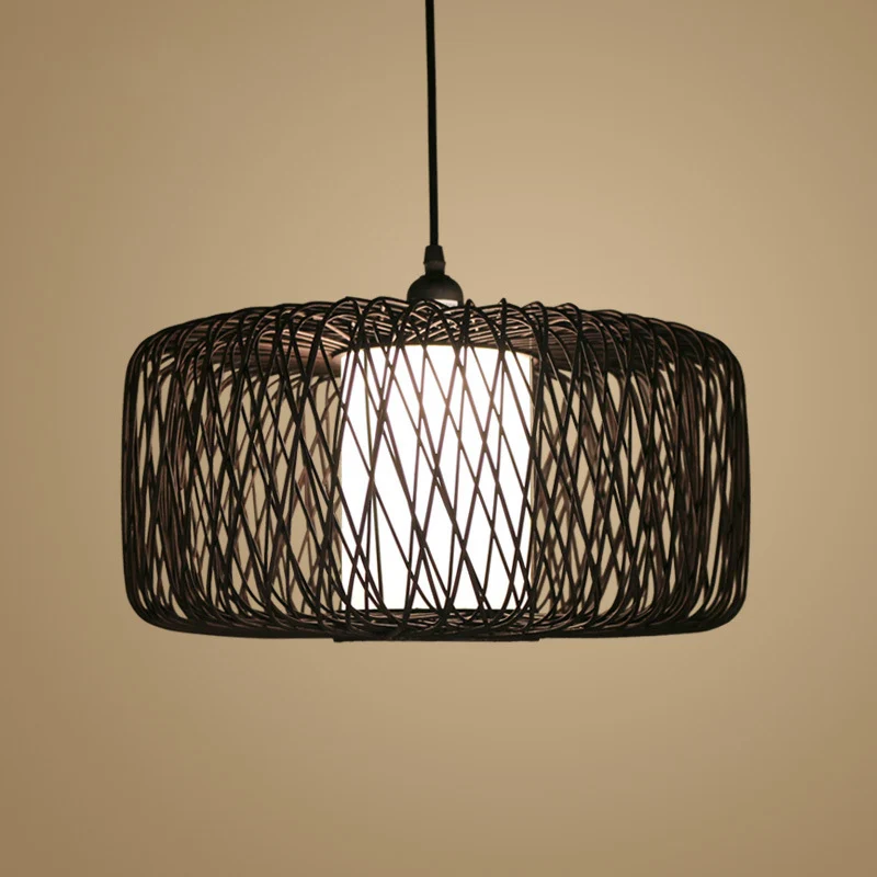 Drum Bamboo Hanglamp Aziatisch 1 Lamp Beige/Zwart Hanglamp voor Eetkamer Clearhalo
