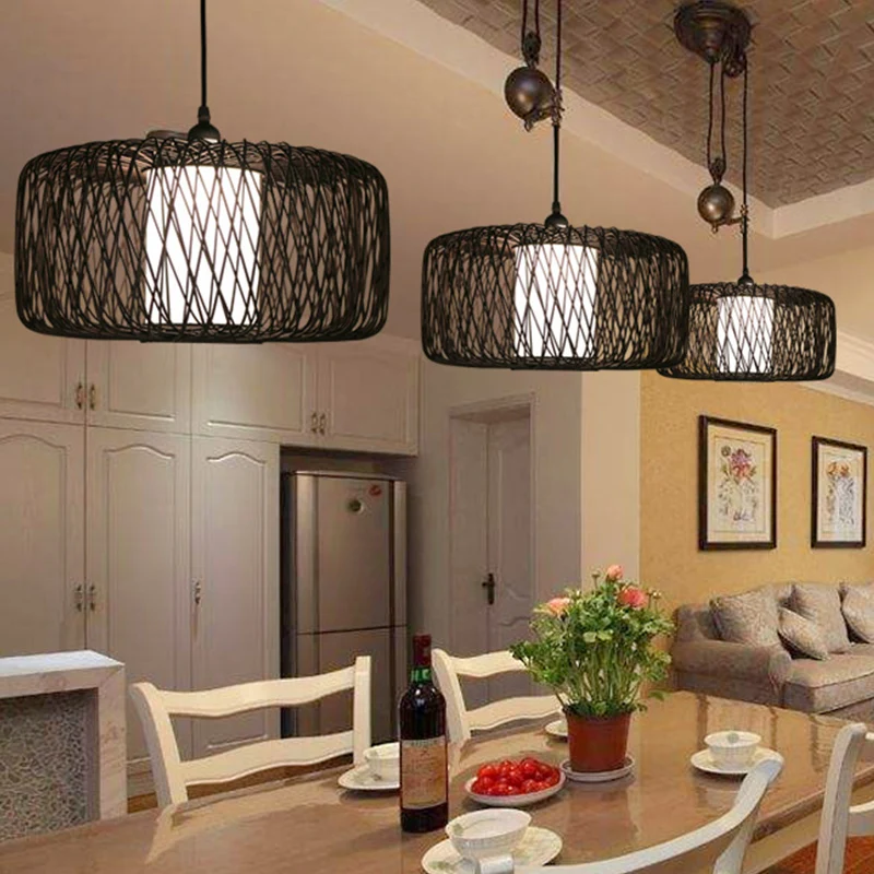 Drum Bamboo Hanglamp Aziatisch 1 Lamp Beige/Zwart Hanglamp voor Eetkamer Clearhalo