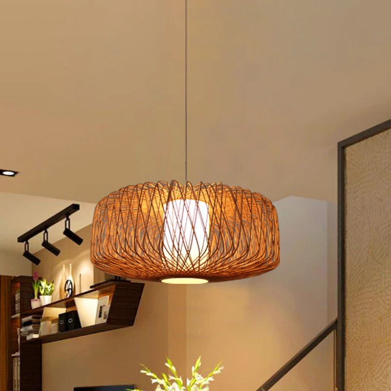 Drum Bamboo Hanglamp Aziatisch 1 Lamp Beige/Zwart Hanglamp voor Eetkamer Clearhalo