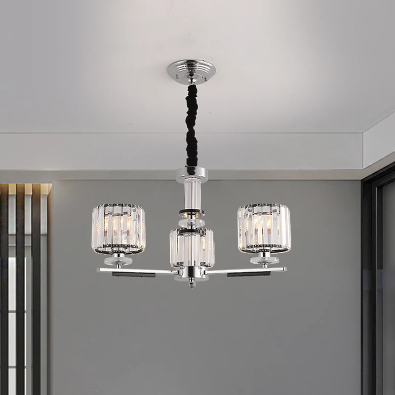 Drum hangende kroonluchter Eenvoudig kristallen blok 3/6-koppige zwarte plafondlamp met radiaal ontwerp Clearhalo