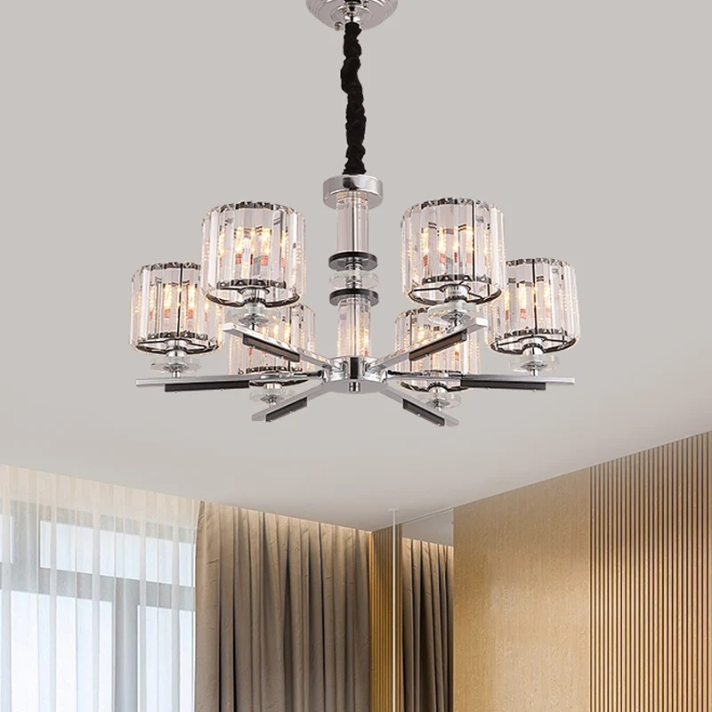 Drum hangende kroonluchter Eenvoudig kristallen blok 3/6-koppige zwarte plafondlamp met radiaal ontwerp Clearhalo