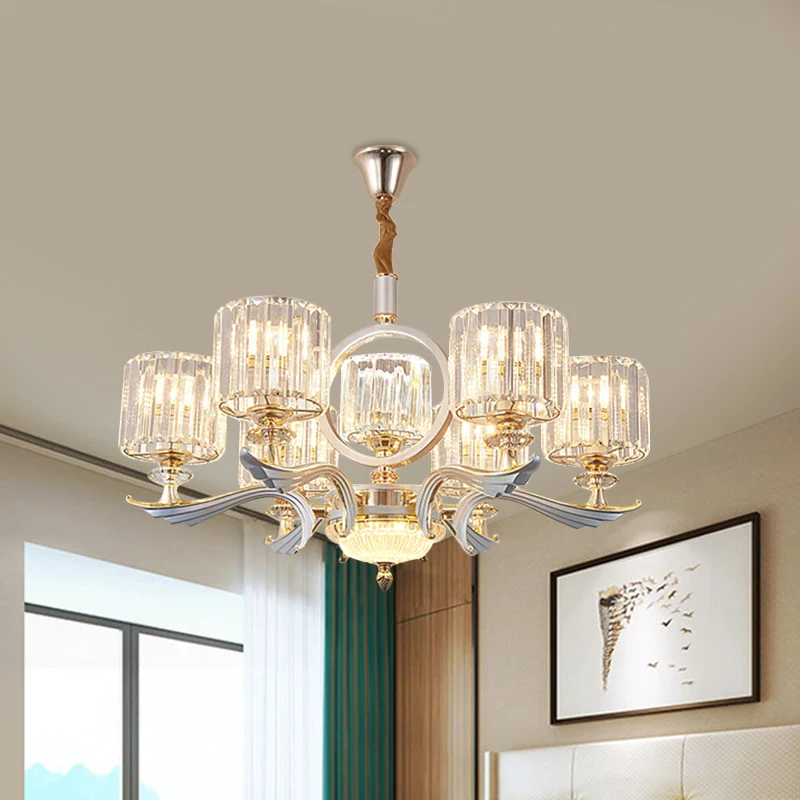 Drum hangende kroonluchter minimalistisch helder kristal 6 lampen gouden hangende plafondlamp voor slaapkamer Clearhalo