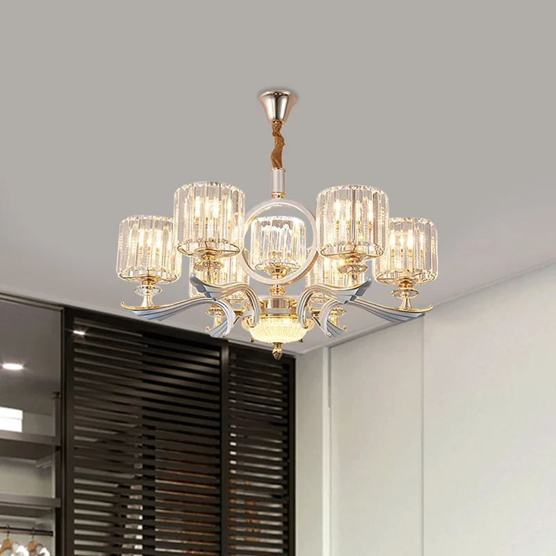 Drum hangende kroonluchter minimalistisch helder kristal 6 lampen gouden hangende plafondlamp voor slaapkamer Clearhalo