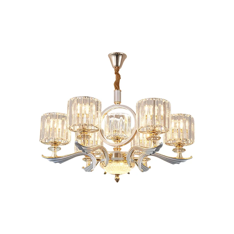 Drum hangende kroonluchter minimalistisch helder kristal 6 lampen gouden hangende plafondlamp voor slaapkamer Clearhalo