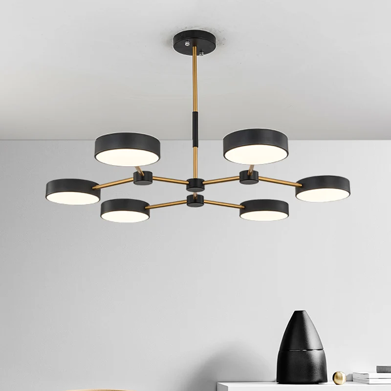 Drum hangende kroonluchter modern metallic 6-lichts zwart/witte afwerking tak hangende plafondlamp Clearhalo