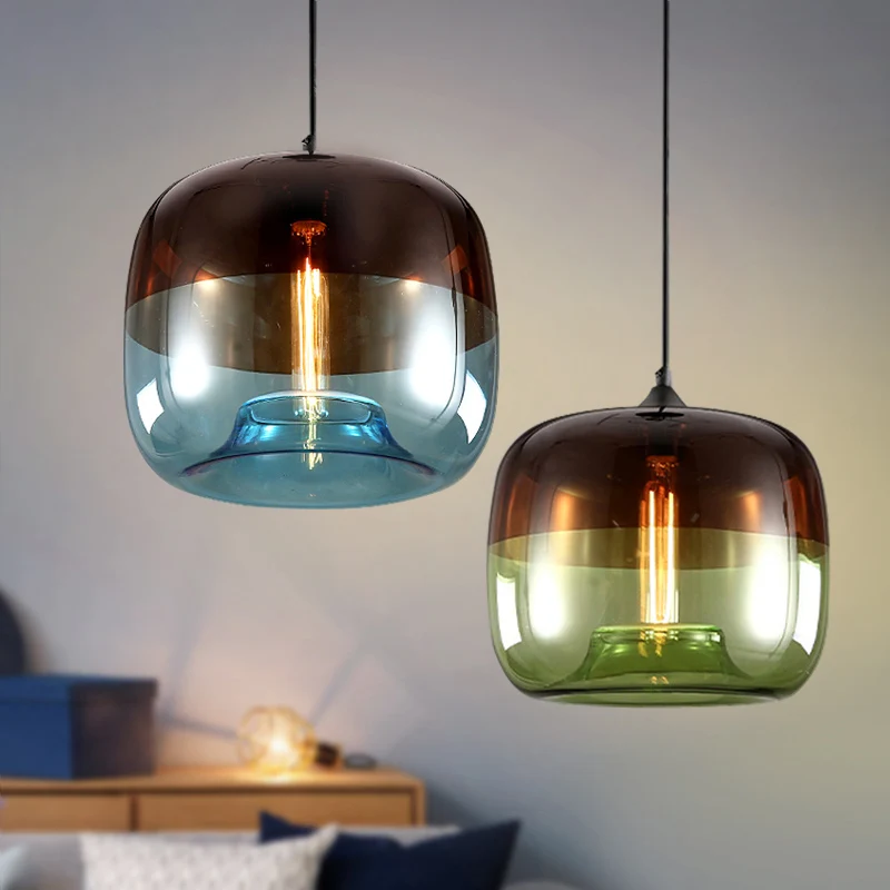 Drum hangende plafondlamp postmodern blauw/groen-bruin glas 1 lamp eetkamer hanglamp met verzonken bodem Clearhalo