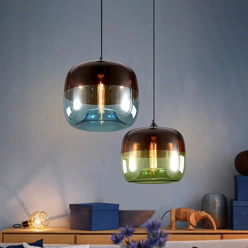 Drum hangende plafondlamp postmodern blauw/groen-bruin glas 1 lamp eetkamer hanglamp met verzonken bodem Clearhalo