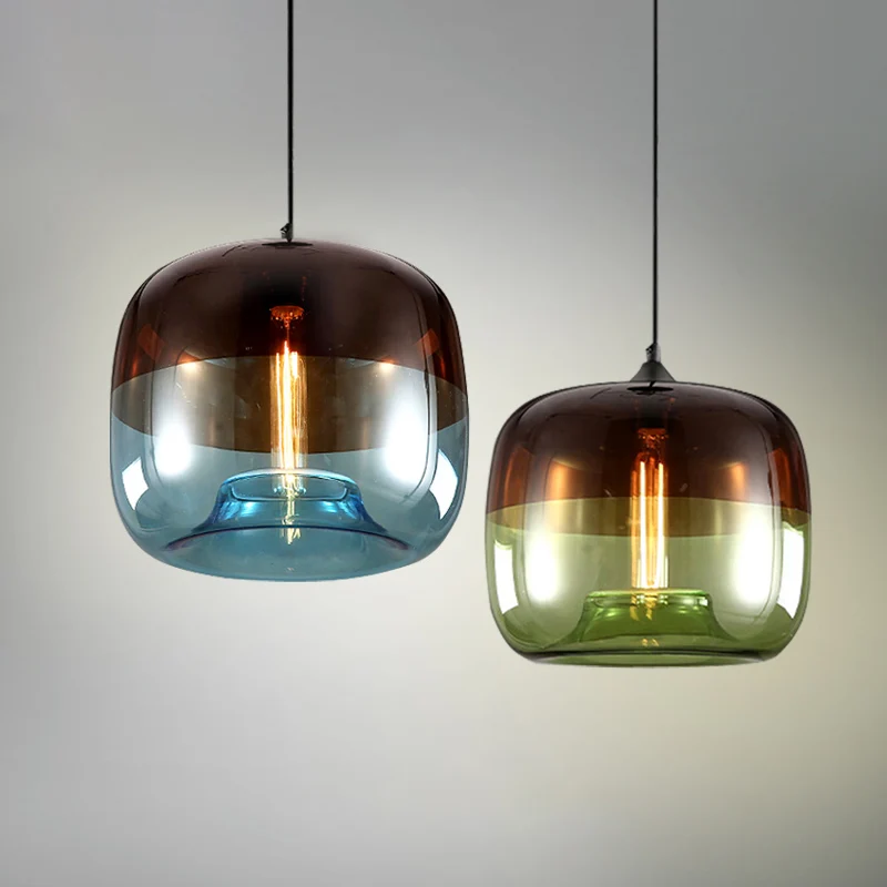 Drum hangende plafondlamp postmodern blauw/groen-bruin glas 1 lamp eetkamer hanglamp met verzonken bodem Clearhalo