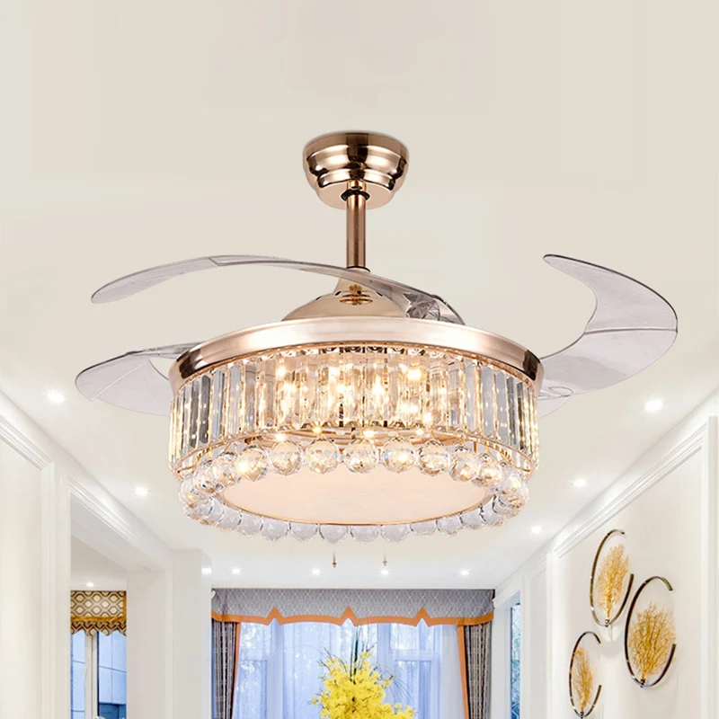 Drum hangende ventilator verlichting eigentijds kristallen blok en lichtbollen 19" W LED salon semi-inbouw goud, 4 bladen...