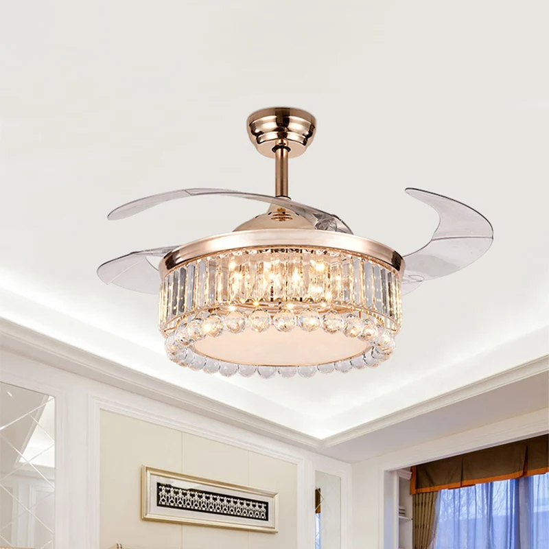 Drum hangende ventilator verlichting eigentijds kristallen blok en lichtbollen 19" W LED salon semi-inbouw goud, 4 bladen...