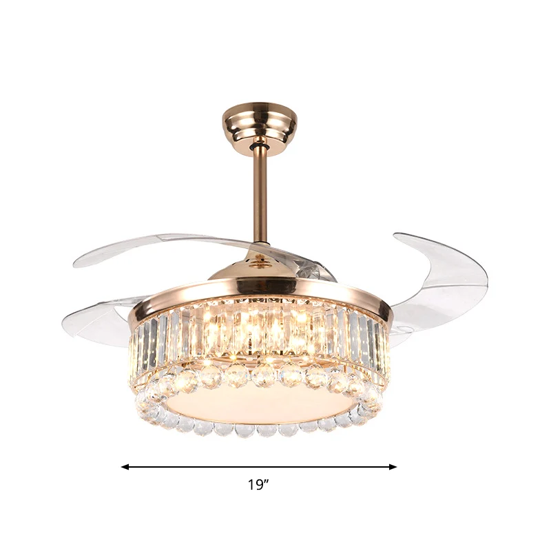 Drum hangende ventilator verlichting eigentijds kristallen blok en lichtbollen 19" W LED salon semi-inbouw goud, 4 bladen...