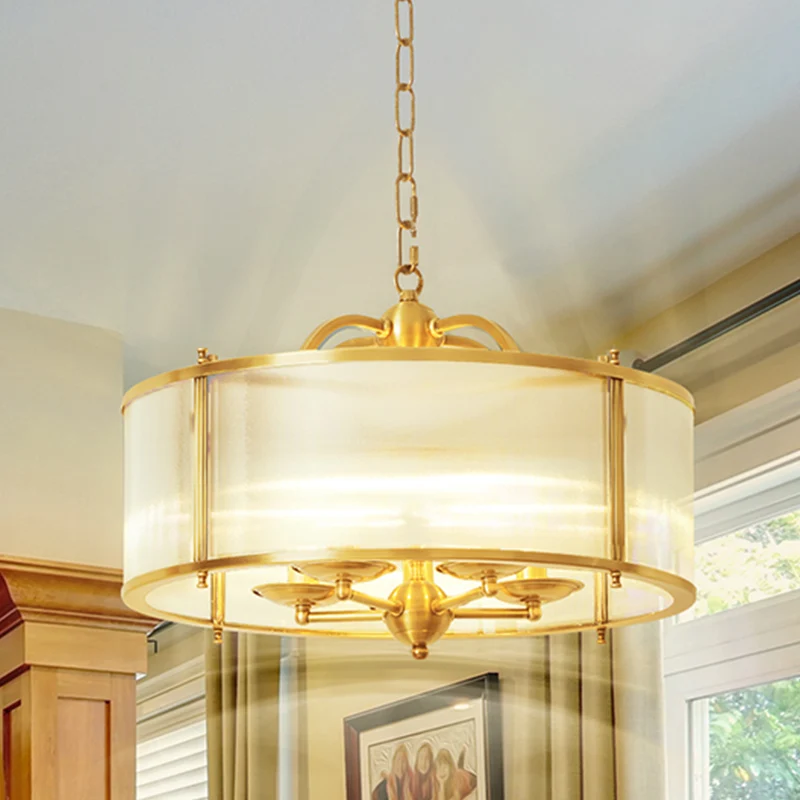 Drum keuken plafondkroonluchter koloniaal mat geribbeld glas 4/5 koppen goud hangend lichtarmatuur Clearhalo