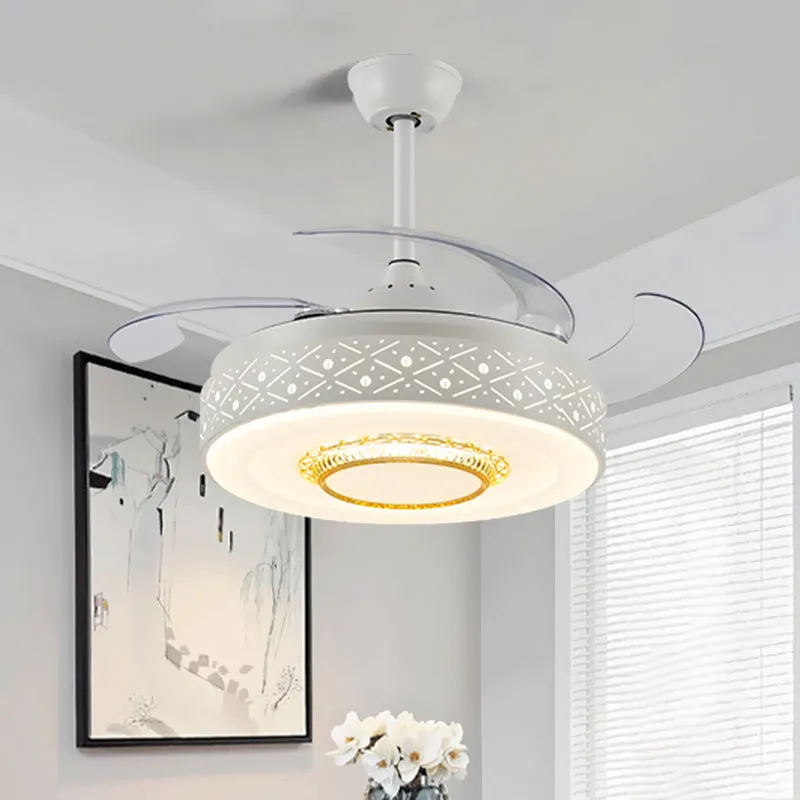 Drum metalen plafondventilator licht modern 42" breedte LED slaapkamer 4 bladen semi-inbouw verlichting wit, afstandsbedie...