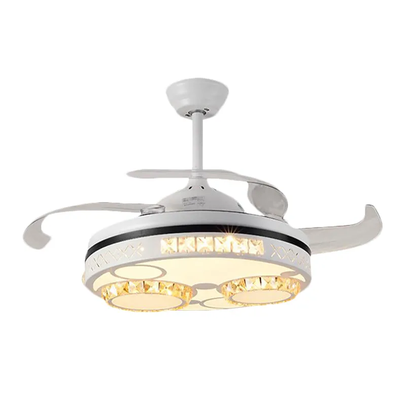 Drum plafondventilator licht traditioneel 3 bladen 16" breedte kristallen hangende ventilatorverlichting wit Clearhalo