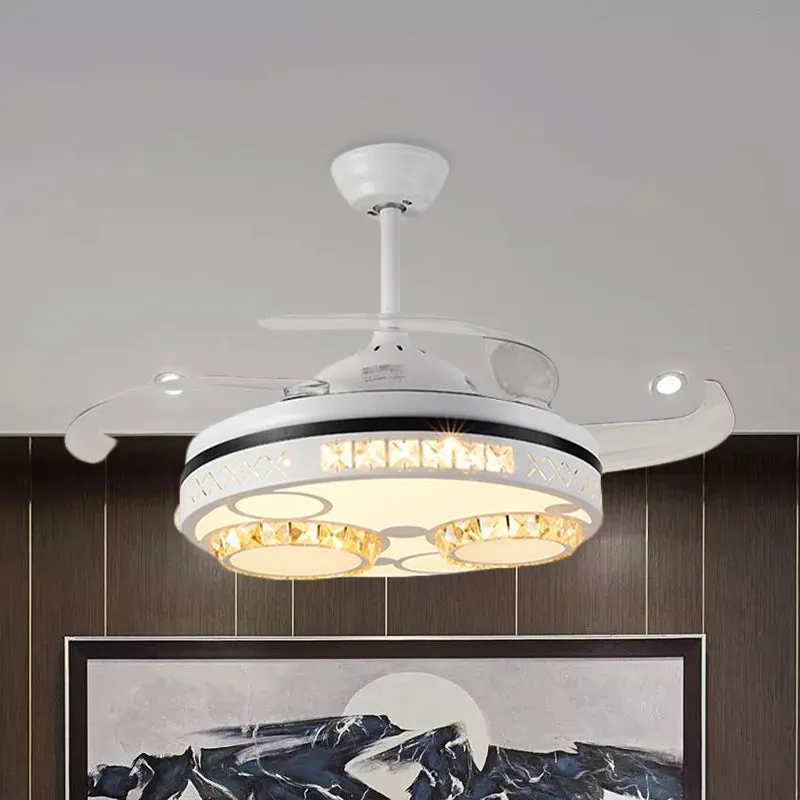 Drum plafondventilator licht traditioneel 3 bladen 16" breedte kristallen hangende ventilatorverlichting wit Clearhalo