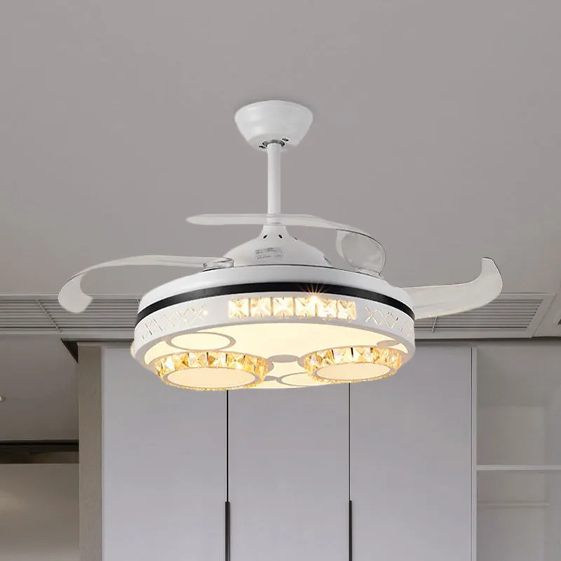 Drum plafondventilator licht traditioneel 3 bladen 16" breedte kristallen hangende ventilatorverlichting wit Clearhalo