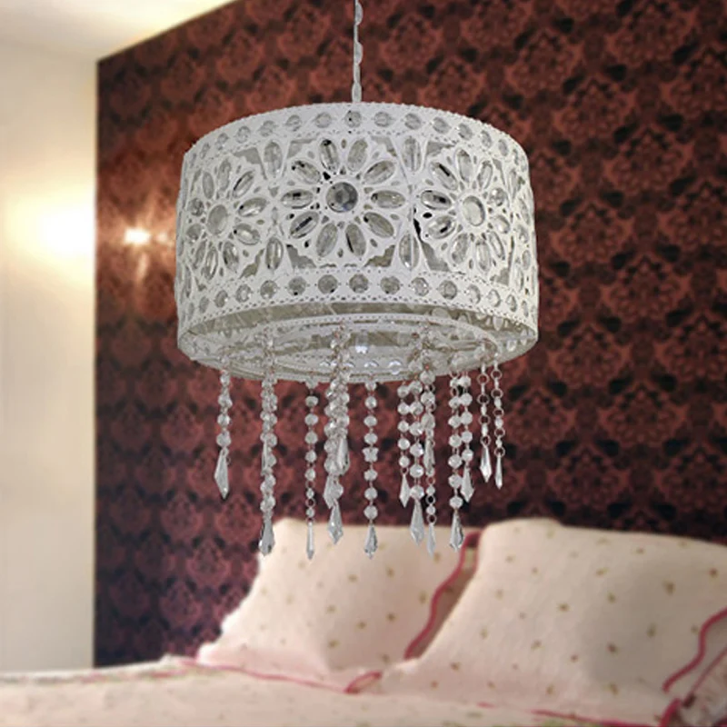 Drum Restaurant Kroonluchter Verlichting Art Deco Metaal 3 Lampen Wit/Zwarte Hanglamp met Kristallen Accent Clearhalo