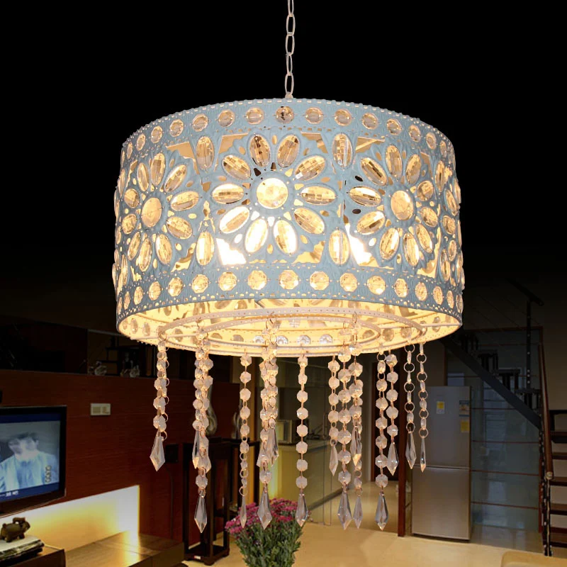 Drum Restaurant Kroonluchter Verlichting Art Deco Metaal 3 Lampen Wit/Zwarte Hanglamp met Kristallen Accent Clearhalo