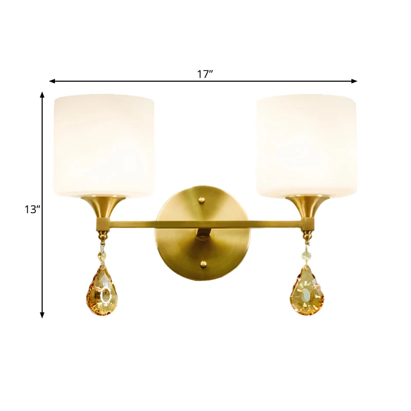 Drum Schaduw Gang Wandkandelaar Moderne stijl Melkglas 1/2-lamp Messing Afwerking Wandlamp met amberkleurige kristallen dr...