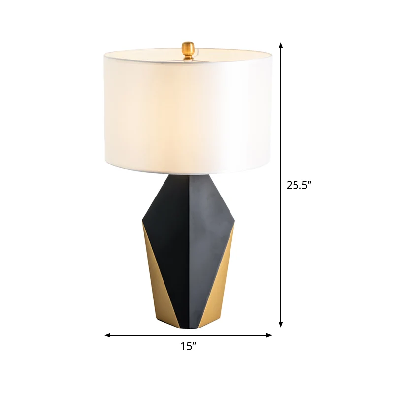 Drum stoffen tafellamp modern 1-lamps witte leeslamp, geometrische zwarte metalen voet Clearhalo