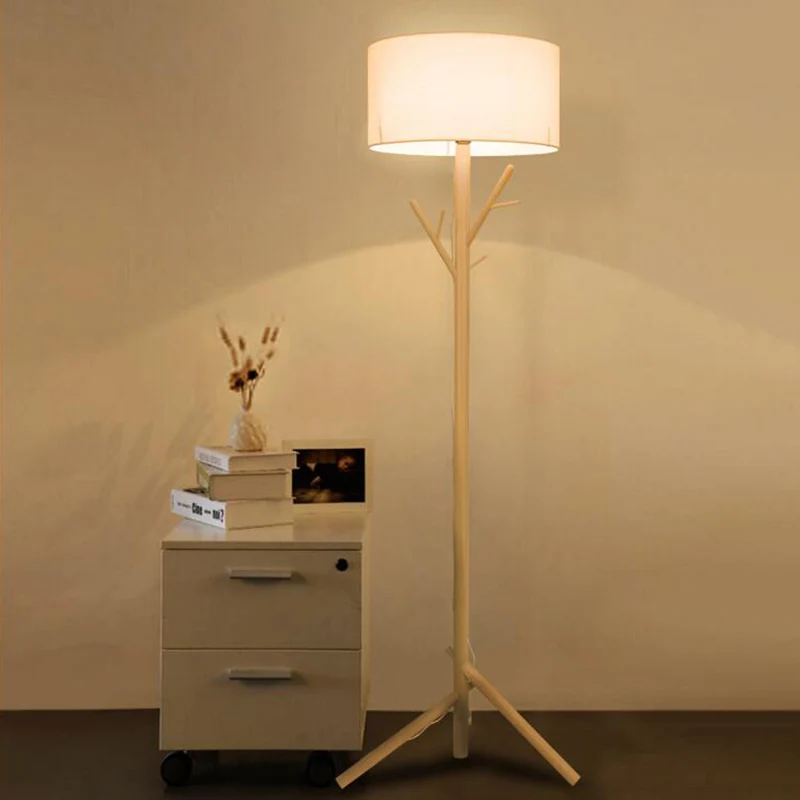 Drum vloerstaande lamp van witte stof, moderne staande lamp van hout met 1 lamp Clearhalo