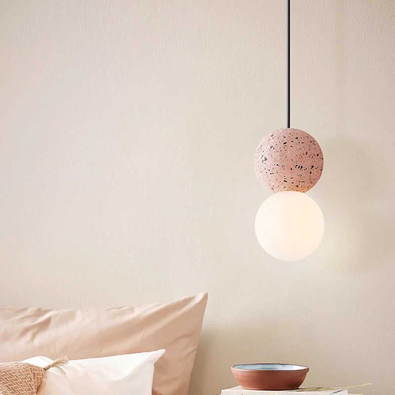 Dubbele bol hanglamp modern glas en terrazzo 1 lichtroze/grijze hangende plafondlamp Clearhalo