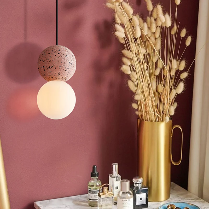 Dubbele bol hanglamp modern glas en terrazzo 1 lichtroze/grijze hangende plafondlamp Clearhalo
