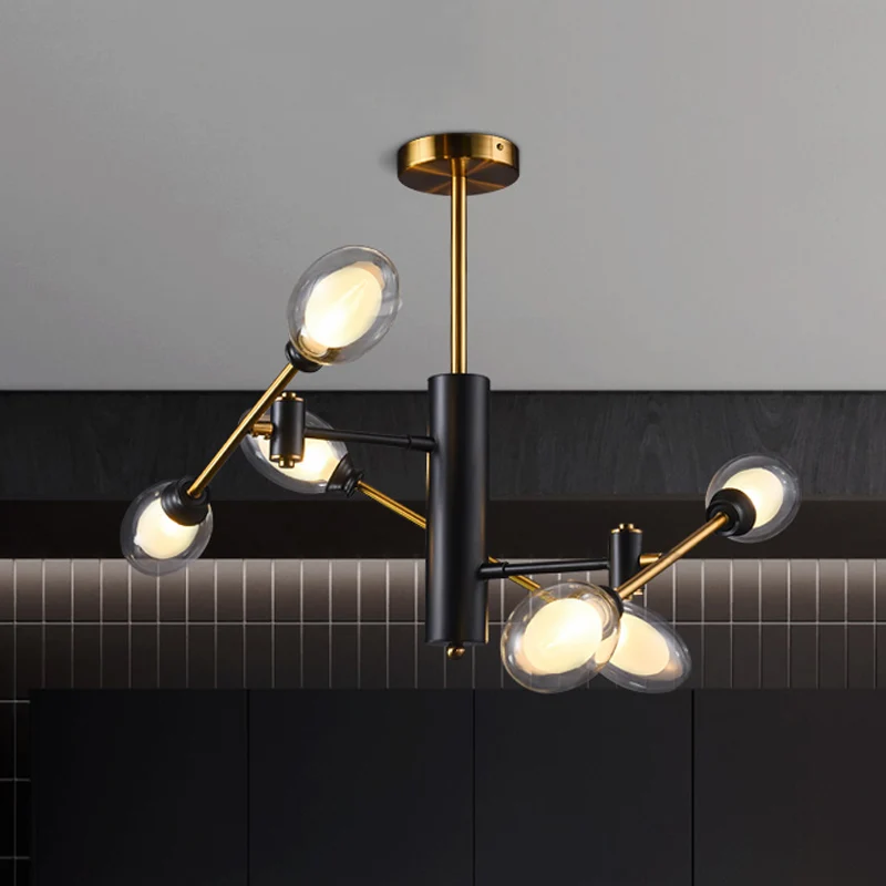 Dubbele eierschaal helder glazen plafondlamp postmodern 6 lampen zwart-messing semi-inbouw kroonluchter met roterend armon...
