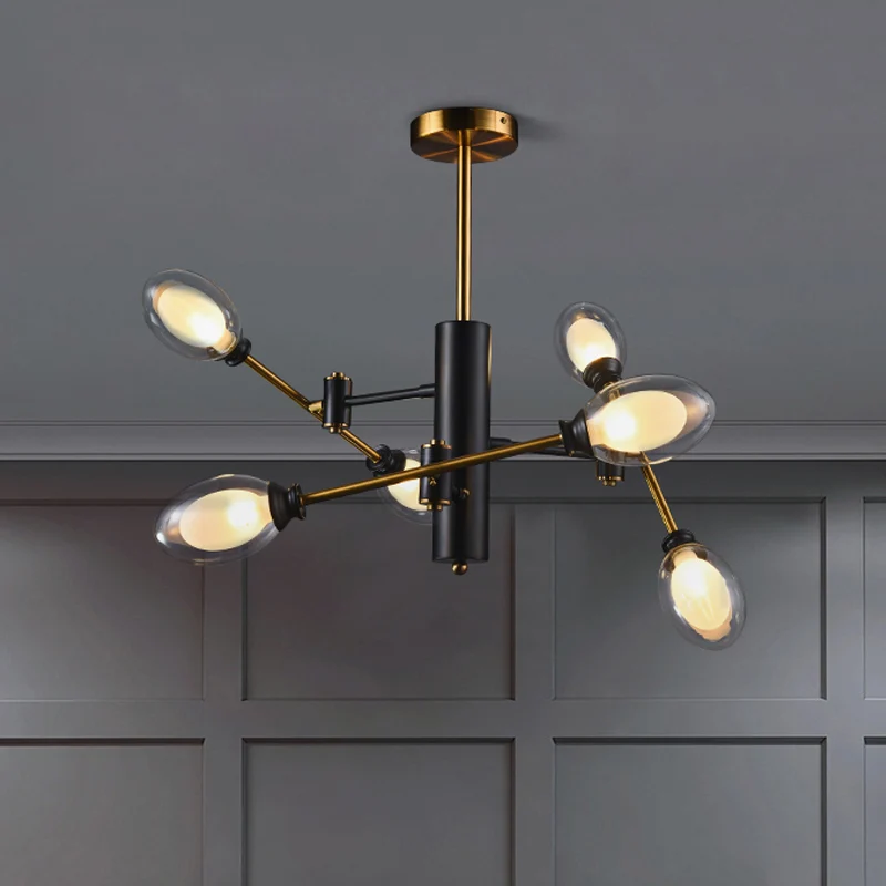 Dubbele eierschaal helder glazen plafondlamp postmodern 6 lampen zwart-messing semi-inbouw kroonluchter met roterend armon...