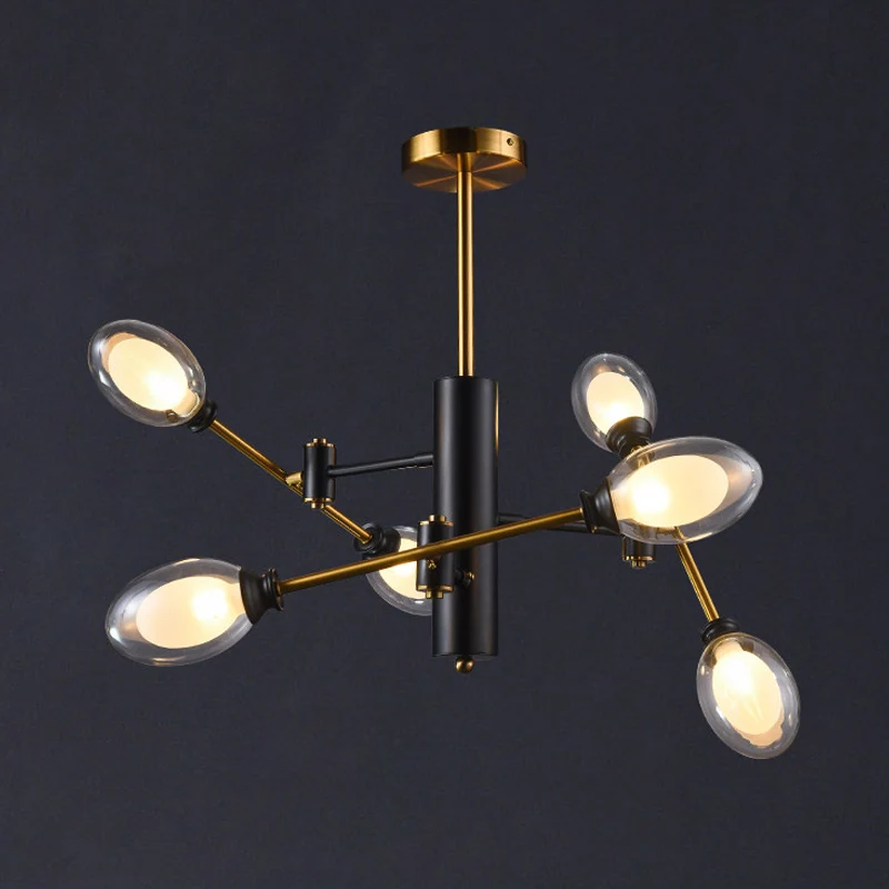 Dubbele eierschaal helder glazen plafondlamp postmodern 6 lampen zwart-messing semi-inbouw kroonluchter met roterend armon...