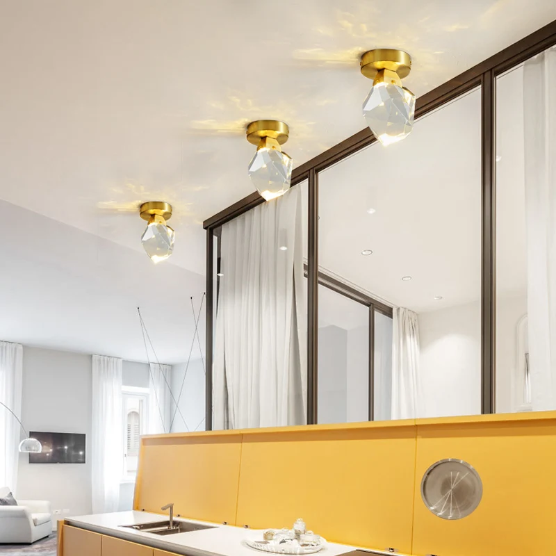 Edelsteenkristal Mini-plafondlamp Postmodern messing afwerking LED semi-inbouwarmatuur Clearhalo