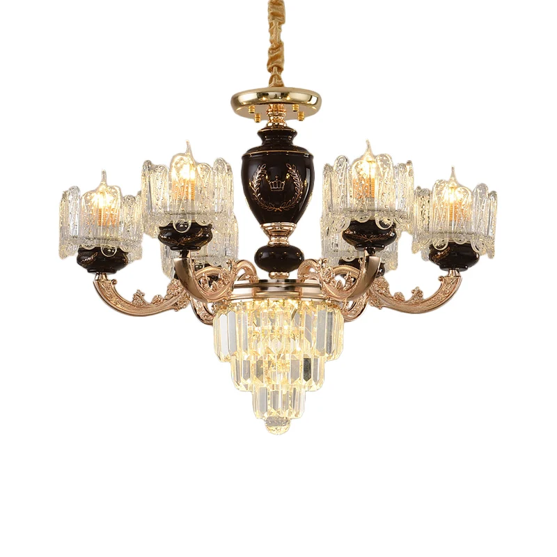 Eenvoud 3-laags ophanglicht Kristallen prisma's 6-lamps salonkroonluchter met helderglazen kap goud Clearhalo